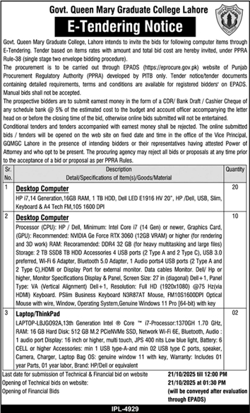 Govt Queen Marry Graduate College Lahore Tender Notice